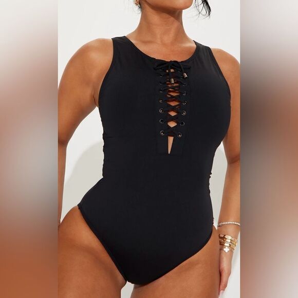 Catherine Malandrino Black Lace-Up Swimsuit in size large